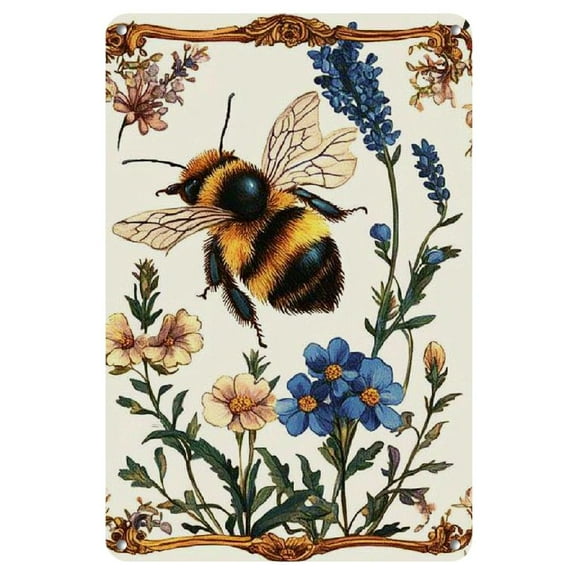 Charming Vintage Bee and Floral Metal Wall Art, 8x12 Inch - Easy-to-Hang with Pre-Drilled Holes, Perfect for Home and Room Decor, Iron Material, Bee Decor