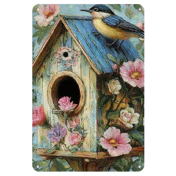 Charming Vintage Bird & Floral Birdhouse Metal Wall Art - Durable Iron Decor with Vibrant Colors for Home, Cafe, Garage | Easy to Hang, No Power Needed, Bird Decor