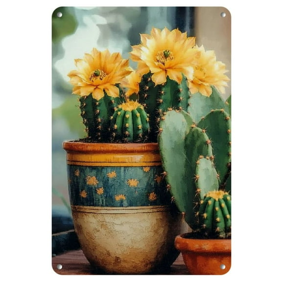 Charming Vintage Cactus in Pot Metal Sign - Durable Wall Art for Indoor/Outdoor Decor, Garage Vintage Style (8x12 inches)