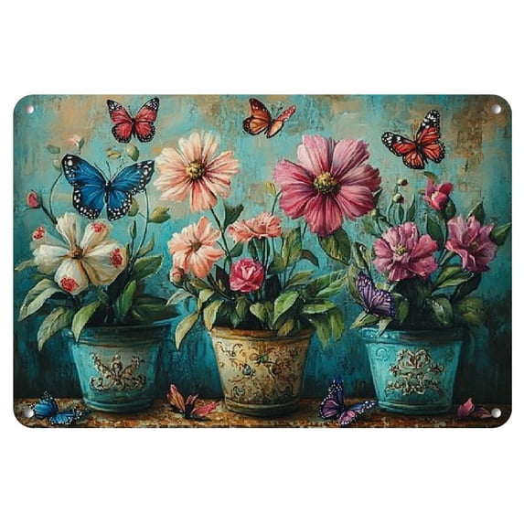 Charming Vintage Garden Metal Tin Sign - Rustic Potted Plants & Colorful Flowers Design, Durable Iron Wall Art for Home, Office, Cafe, Bar Decor - Easy to Install, Waterproof, 12x8 inches