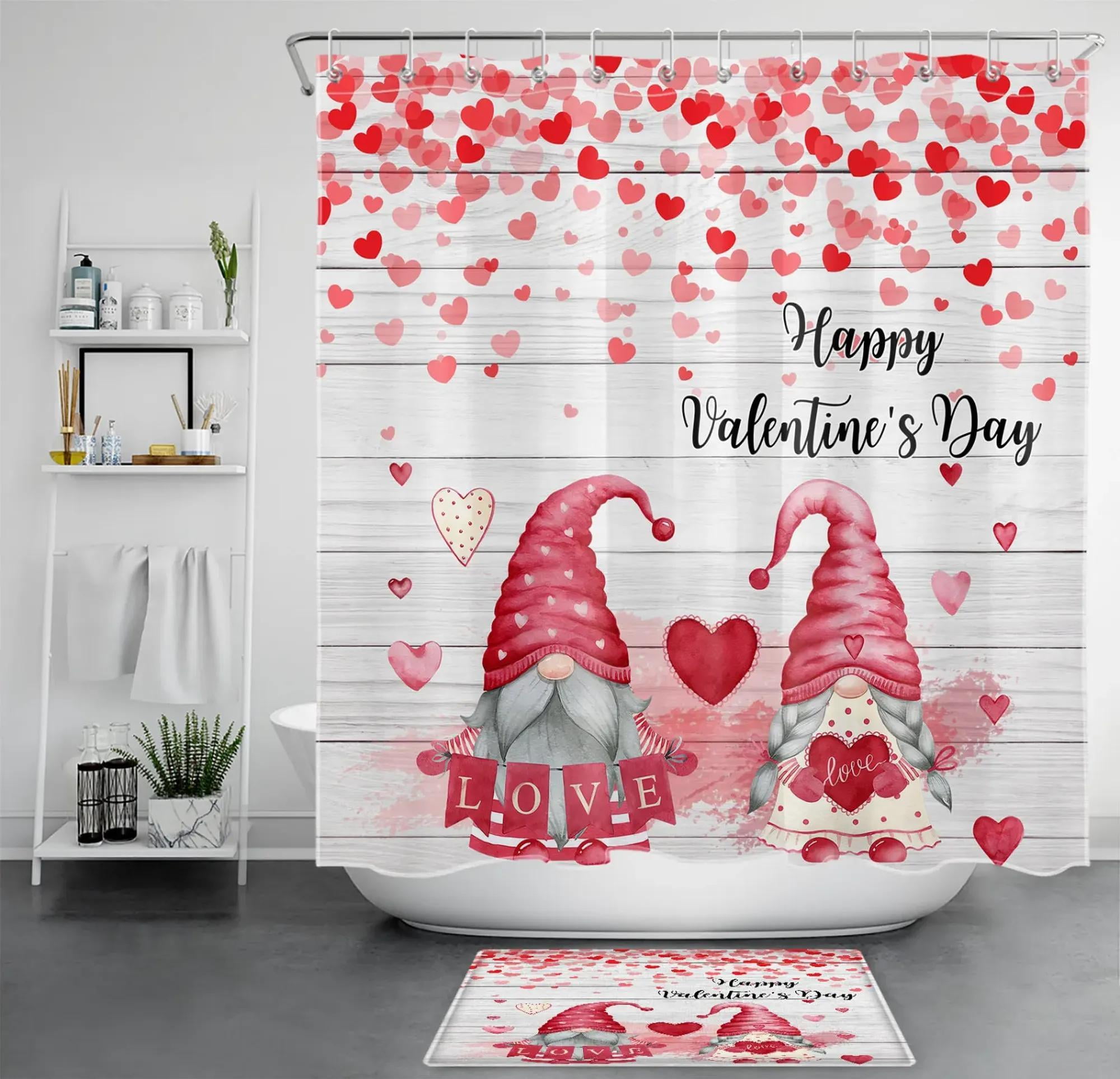 Charming Vintage Pink Gnome Lovebirds Shower Curtain Set Perfect Valentine's Day Bathroom