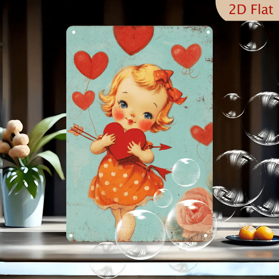 Charming Vintage-Style 8x12 Metal Tin Sign with Cupid Heart Design - Perfect for Valentine's Day Decor in Home, Kitchen, Bathroom, Vintage Metal Tin Sign, Perfect for Room Decor