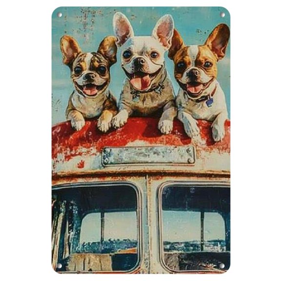 Charming Vintage Travel & Dogs Metal Tin Sign - Rustic Teal Van with Colorful Dogs, Durable Wall Art for Home, Office, Cafe, Bar Decor - Easy to Install with Pre-Drilled Holes, Weathered Finish