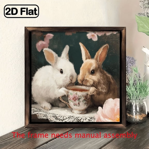 Charming Vintage Wooden Rabbits Tea Time Wall Art - 8x8 Inch Farmhouse Decor for Living Room, Bedroom Entryway - Perfect Easter Gift