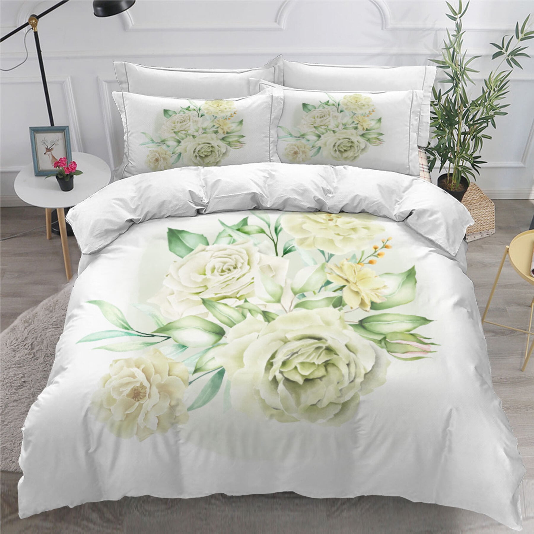Charming Watercolor Floral Bedding Set with Pale Roses & Crisp White ...