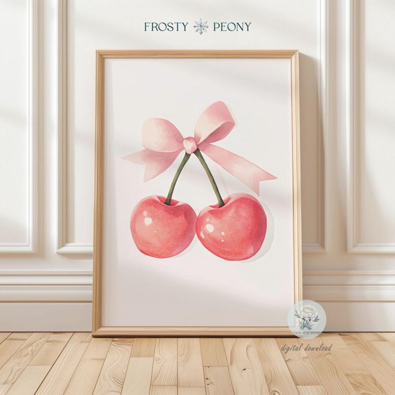 Charming Watercolor Style Cherry With Pink Bow Art Print Coquette Room Decor Pink Cherry Bow Nursery Wall Art Modern Wall Decor