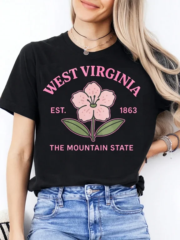 Charming West Virginia Mountain State Floral Graphic T-Shirt, Est. 1863 Vintage Inspired State Pride Tee for Women, Scenic Travel Souvenir Apparel