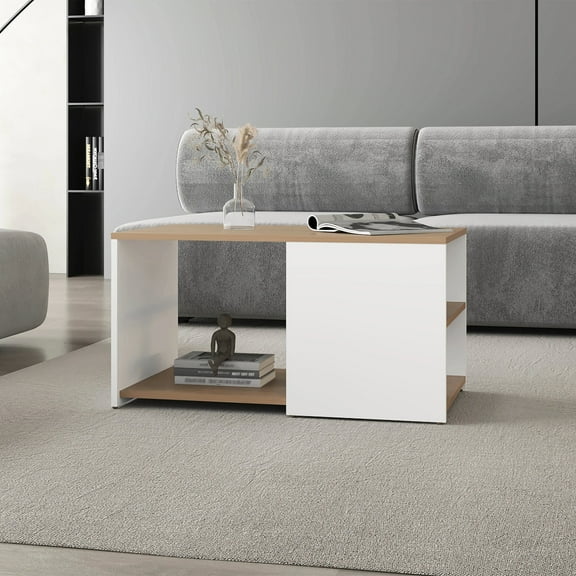 Charming White And Natural Oak Coffee Table With Contemporary Storage Space Rectangular Design