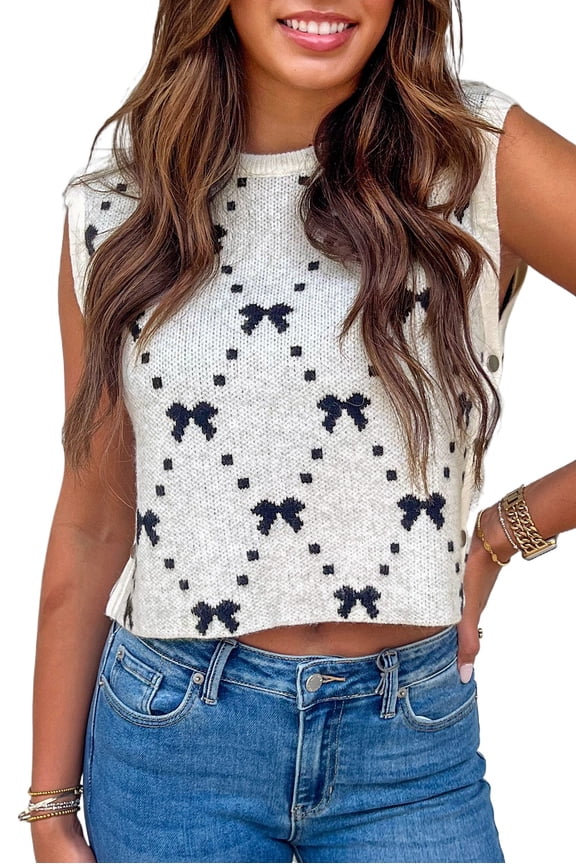 Charming White Bow Pattern Buttoned Side Cropped Sweater Vest for Women - [ZhiHiMeRi] | (US 16-18)XL