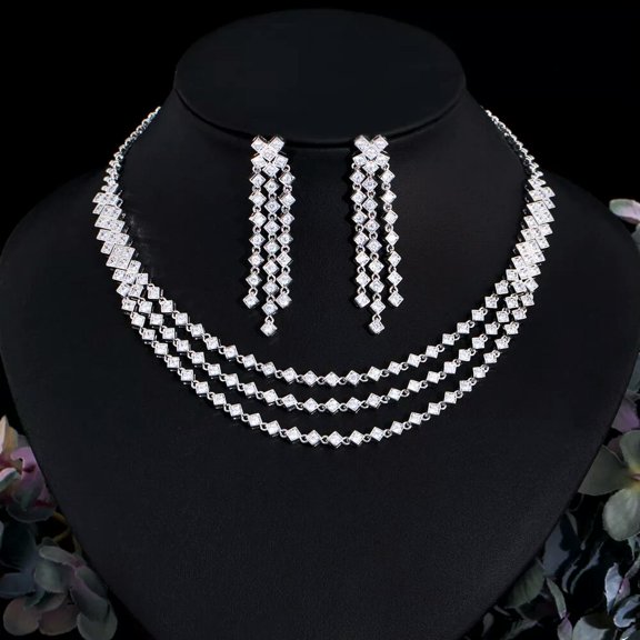Charming White CZ Big 3 Layered Engagement Bridal Necklace Earrings Jewelry Set