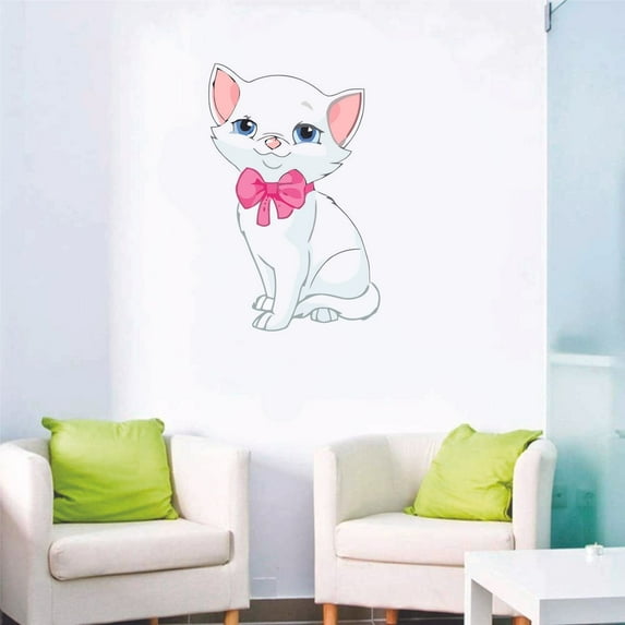 Charming White Cat Adorable Cartoon Character Wall Art Vinyl Sticker Mural Baby Kids Room Bedroom Nursery Kindergarten House Home Wall Art Decor Removable Peel and Stick Durable Sticker 20x12 inch
