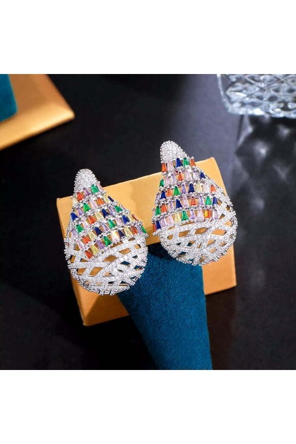 Charming White Gold Plated Cubic Zircon Rainbow Hollow Out Dangle Drop Earrings