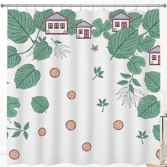 Charming White Shower Curtain with Green & Brown House Pattern - Floral Design
