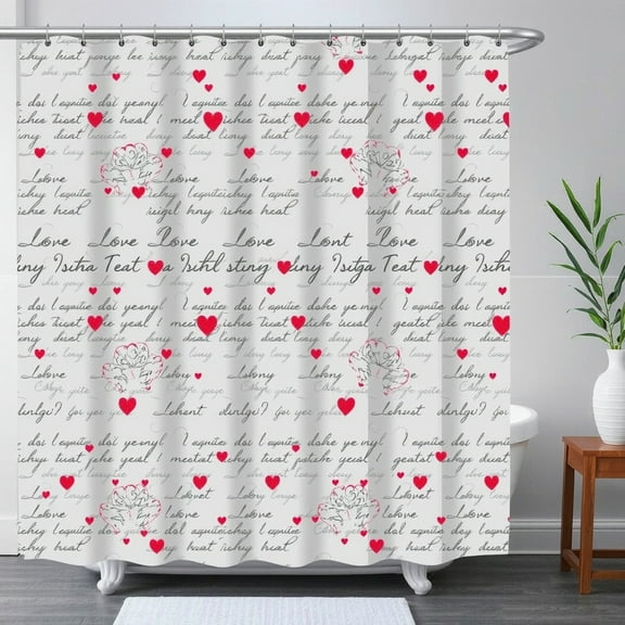 Charming White Shower Curtain with Pink Hearts & Grey Cursive Text - Love, Heart, You