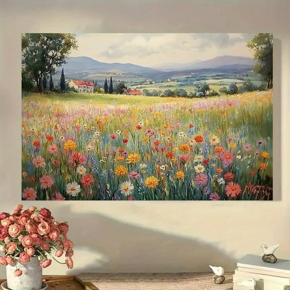 Charming Wildflower Field Canvas Art-15.75 "X23.62" Framed Romantic Floral Landscape, Suitable for Living Room, Bedroom Or Office Decorations