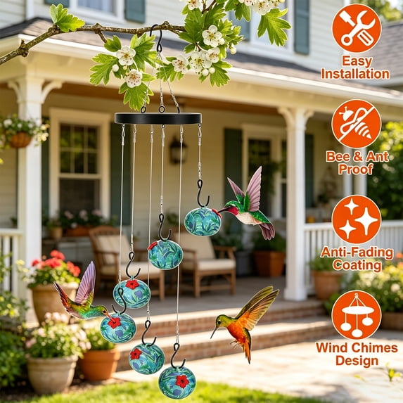 Charming Wind Chimes Hummingbird Feeder for Outdoors Hanging Ant and Bee Proof TeqHome Plastic Humming Bird Feeder Perfect Garden Decor for Window Garden Patio