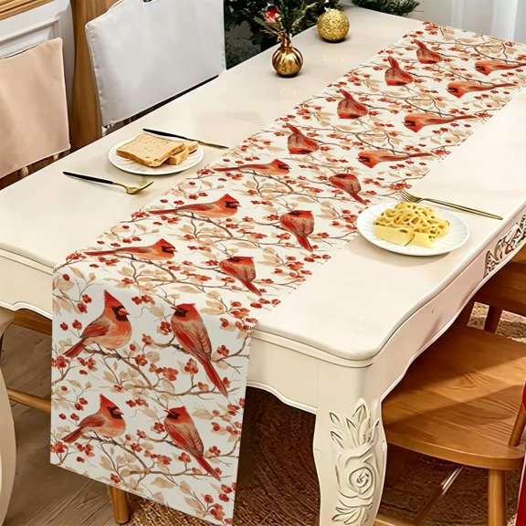 Charming Winter Cardinal Bird Twig Print Polyester Table Runner, 13x48/13x70/13x108 inch, Console Coffee & Family Dinner Table Decor