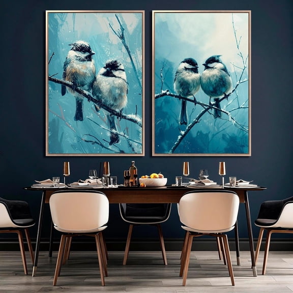 Charming Winter Chickadee Wall Art Small Birds Perched On Branch Posters Cozy Rustic Wall Decor Set 2