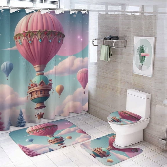 Charming Winter Hot Air Balloon Scene Shower Curtain Bathroom Sets Toilet Lid Rug, Bath Mat And Contour Mat, Shower Curtain 4Pcs