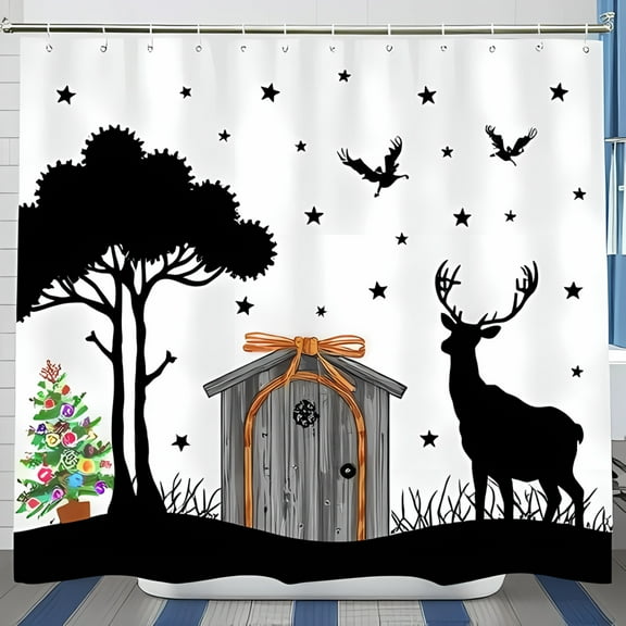 Charming Winter Scene Shower Curtain with Deer Christmas Tree & Rustic Outhouse Perfect for Holiday Decor