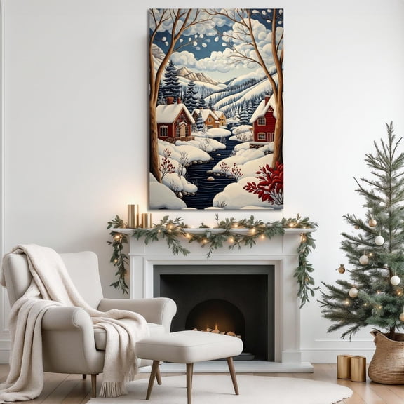 Charming Winter Village Wall Art Snowy Cabin Landscape Poster Winter Wall Decor Cozy Mountain Scene Poster Ready To Hang, Unframed Canvas Size 8x12