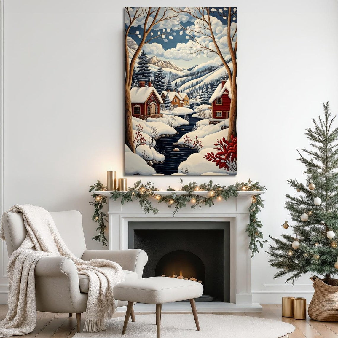 Charming Winter Village Wall Art Snowy Cabin Landscape Poster Winter ...