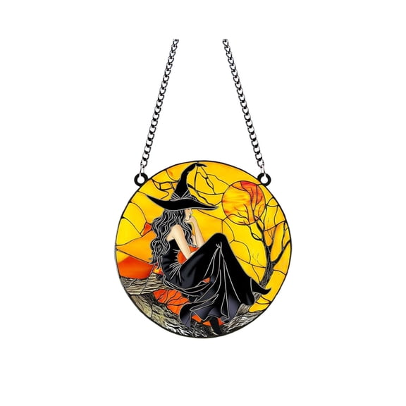 Charming Witch Wall Art Hanging Ornament, Halloween Vintage Moon Witch Window Garden Girl Decoration, Yellow