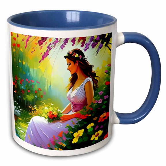 3drose, Charming Woman with a Bunch of Flowers Sits in the Flower Garden Gift, 15oz Two-tone Blue Mug