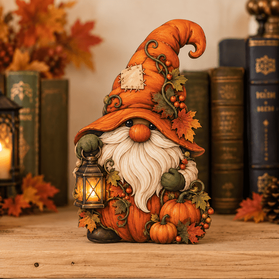 Wooden Block Pumpkin Gnome Harvest, Rustic Mantel Shelf Sitter and Tabletop Home Decoration