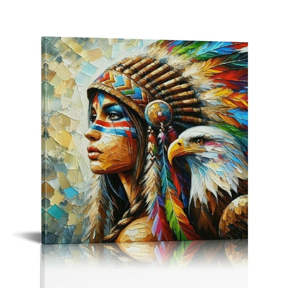 Charming Wooden Framed Poster, Vintage Native American Indian Woman Beauty & Eagle Design Canvas Art High-quality Room Decor, Perfect Gift And Decoration for Living Room, Bedroom, Office, or Kitchen