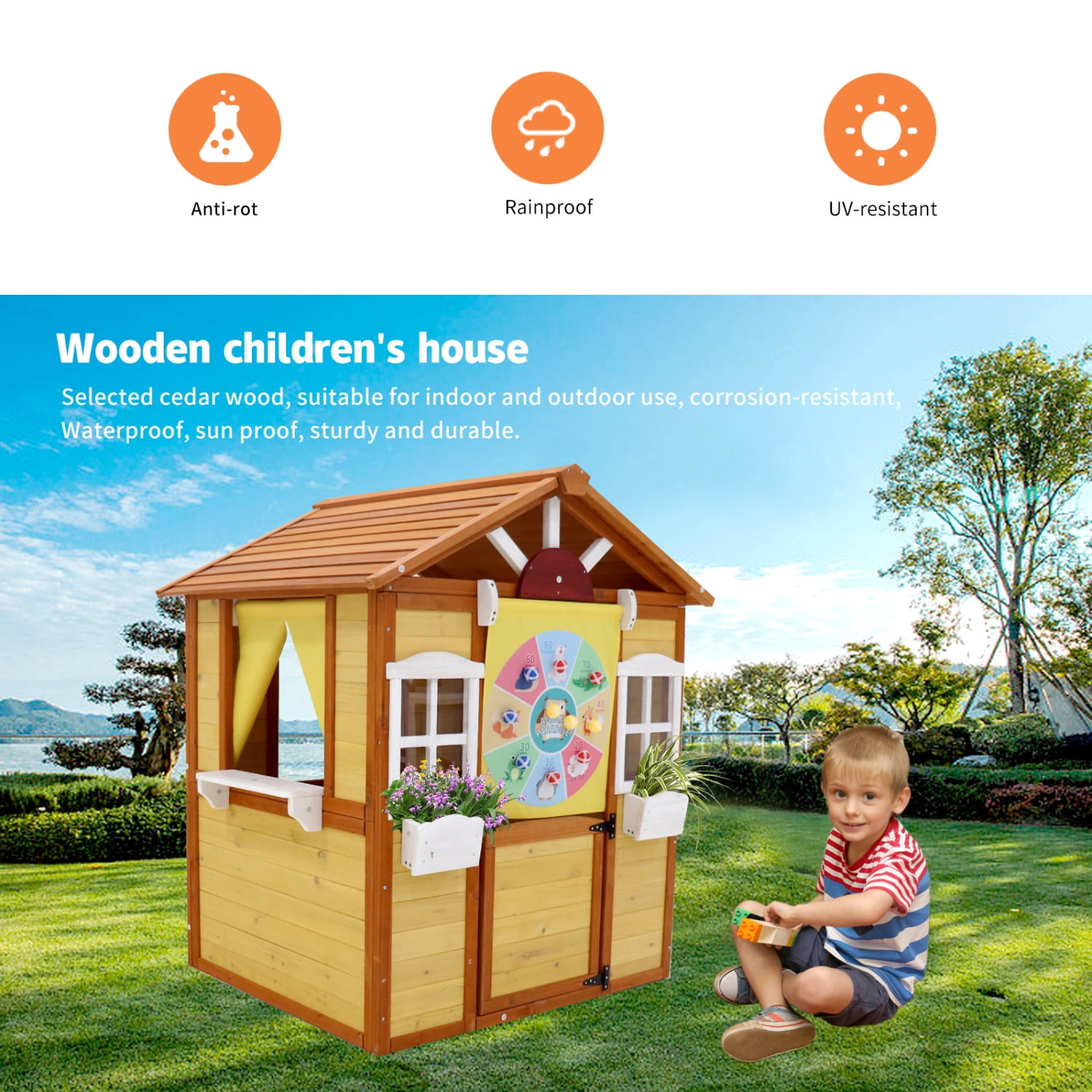 Charming Wooden Outdoor Playhouse for Kids Functional Doors and Windows Perfect Pretend Play Cottage for Children Ages 3 8 Years Old