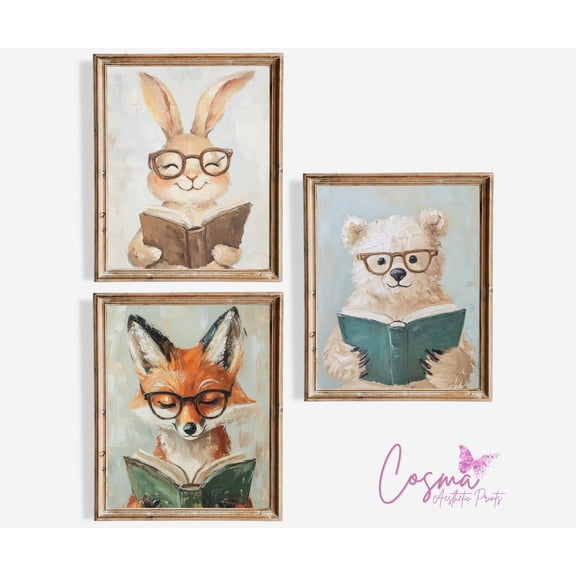 Charming Woodland Animal Reading Prints Bookish Wall Art Library Nursery Decor Woodland Animal Cute Animal Reading Set, Poster Only
