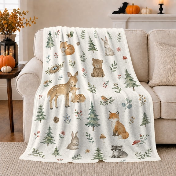 Charming Woodland Animals Fox Bunny Bear Deer Flannel Blanket, Soft Cozy Rustic Nature Illustration for Living Room and Nursery, Birthday Gift for Kids and Families, Whimsical Forest Home Decor