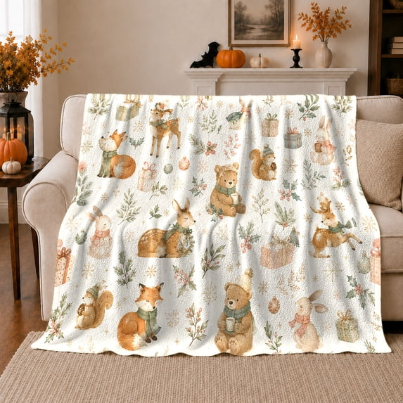 Charming Woodland Animals Winter Scarves Boxes, Festive Holiday Scene, Warm Flannel Blanket for Living Room and Reading Nook, Art Lovers Friendship Gift, Festive Home Decor