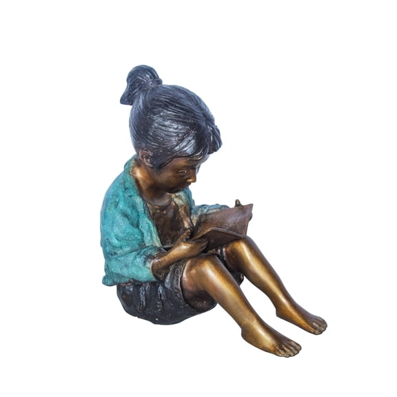 Charming Young Girl Sitting and Reading a Book Bronze Statue 11" x 8" x 12"H