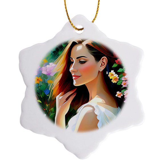 3drose, Charming Young Woman in the Fantasy Garden on a Sunny Day. Gift, 3 inch Snowflake Porcelain Ornament