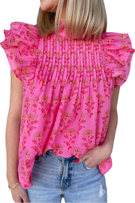Charming and Elegant Flutter Sleeve Blouse for Women - Rose Red Floral Print