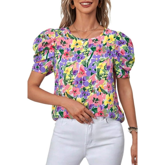 Charming and Lightweight Purple Floral Blouse with Relaxed Puff Sleeves | [ZhiHiMeRi] | (US 8-10)M