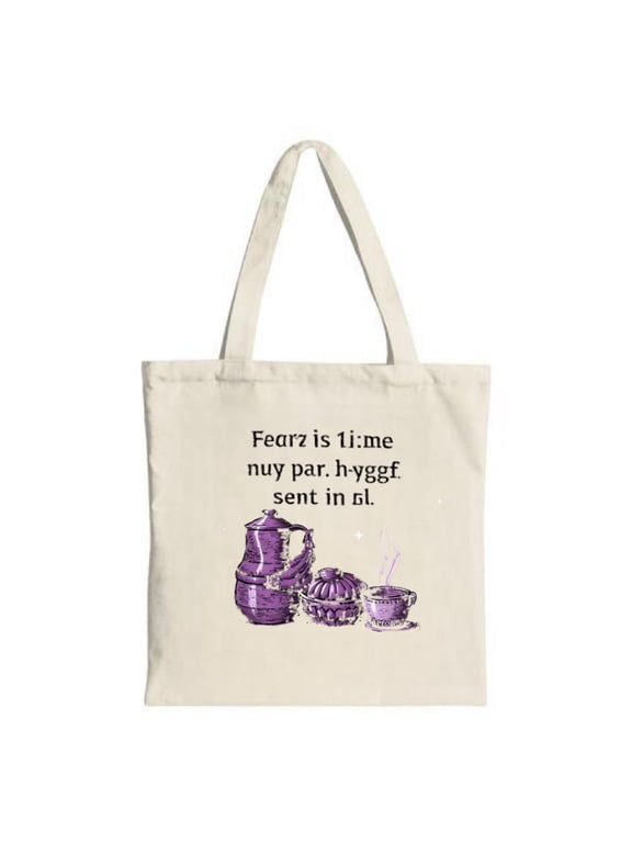 Charming cream tote bag featuring a whimsical purple teapot cup design perfect for shopping travel and parties