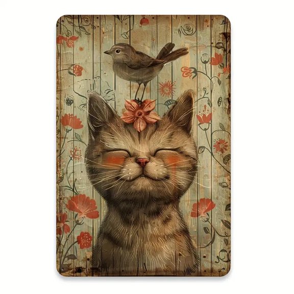 Charming vintage cat and bird metal tin plaque - perfect for decorating homes, bars, garages, clubs, restaurants, and cafes. 8x12 inches