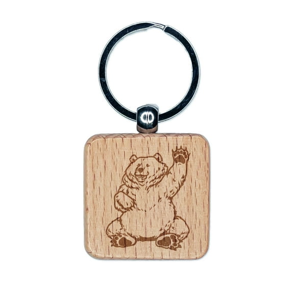 Charmingly Chubby Waving Bear Square Keychain Charm Tag - Engraved Wood