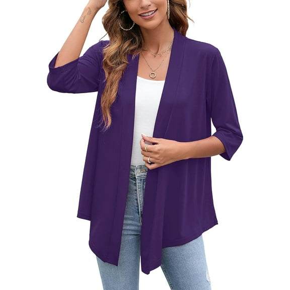 Charmish Women's Lightweight Open Front Cardigans Casual 3/4 Sleeve Casual Soft Drape Spring Fall Cardigan Purple M