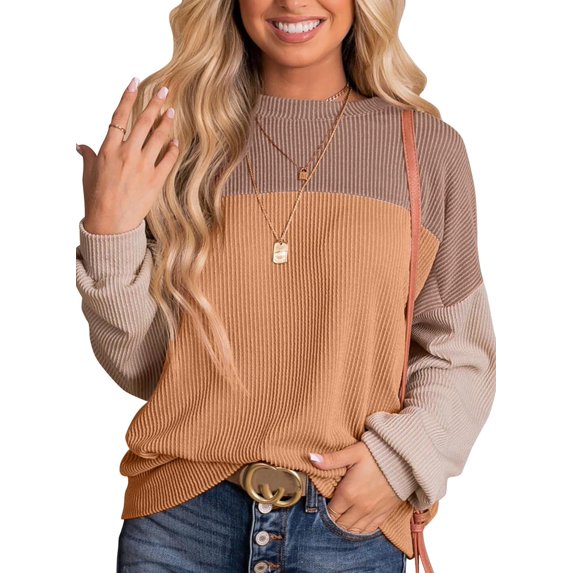Charmish Womens Fashion 2024 Color Block Tunic Tops Long Sleeve Crewneck Knitted Casual Loose Pullover Shirts