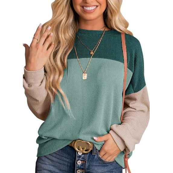 Charmish Womens Fashion 2024 Color Block Tunic Tops Long Sleeve Crewneck Knitted Casual Loose Pullover Shirts