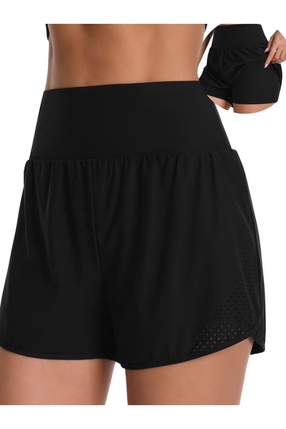 High Waisted Swim Shorts for Womens UPF 50+ Quick Dry Swim Trunks Tummy Control Swim Bottoms Built-in Boxer