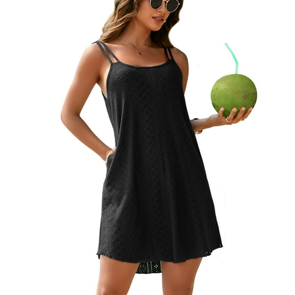 Charmo Bikini Coverup Dress for Womens Casual Spaghetti Straps Low Back Cover ups Casual Summer Beach Dress with Pockets