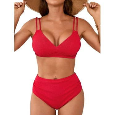 Charmo Bikini Sets for Womens V Neck High Waisted Swimsuits Ruched Two Piece Bathing Suit