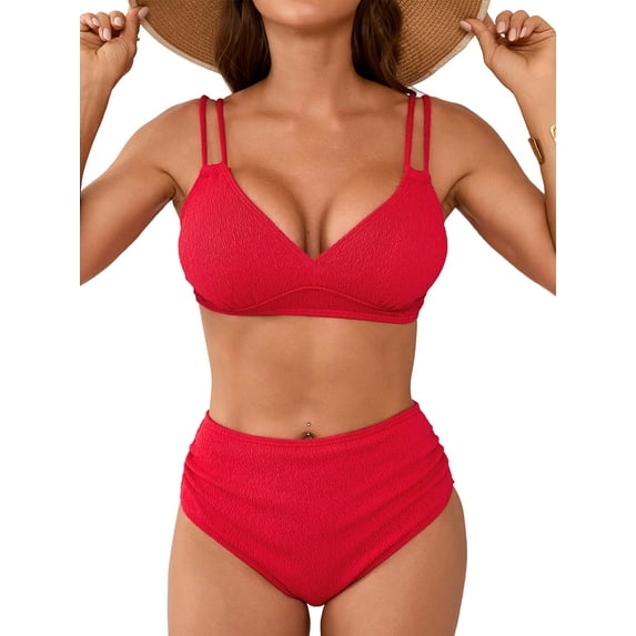 Asoul Bikini Sets for Womens V Neck High Waisted Swimsuits Ruched Two Piece Bathing Suit