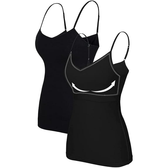 Charmo Cotton Basic Cami for Womens Adjustable Spaghetti Strap Built in Bra Tank Tops 2 Pack