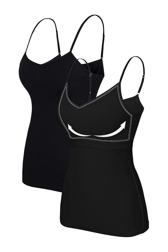 Cotton Basic Cami for Womens Adjustable Spaghetti Strap Built in Bra Tank Tops 2 Pack